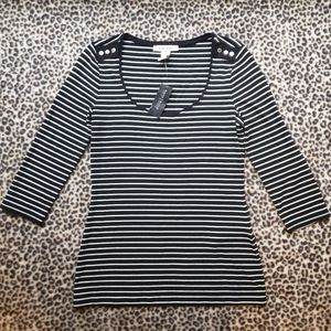 WHBM Black and Ecru 3/4 Sleeve Shoulder Epaulette Striped Tee, Size XS, NWT